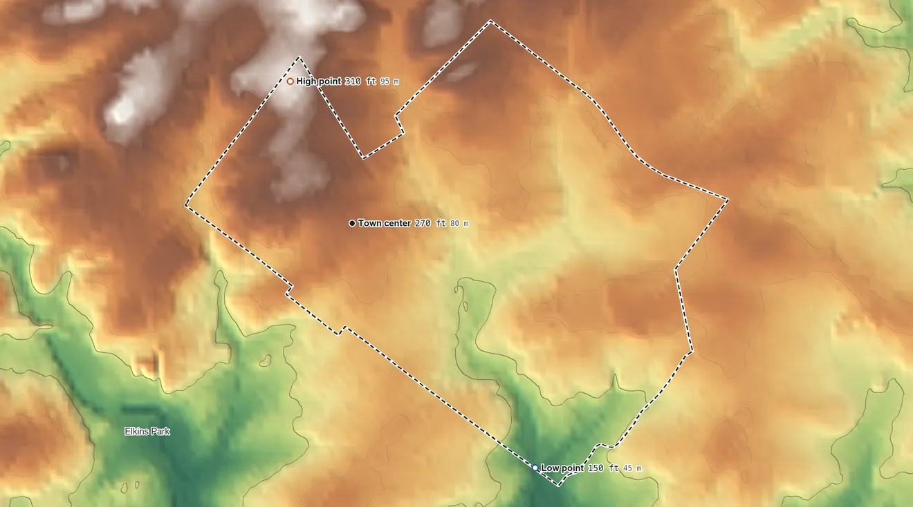 Topographic elevation map of McKinley, Pennsylvania, shaded from 150 ft on the southeast side to 310 ft on the northwest side