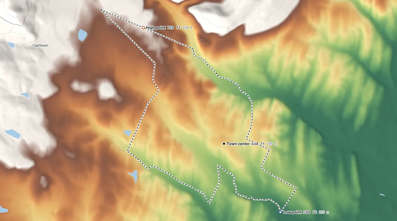 Topographic elevation map of McKnightstown, Pennsylvania, shaded from 580 ft on the southeast side to 720 ft at the foot of the South Mountain