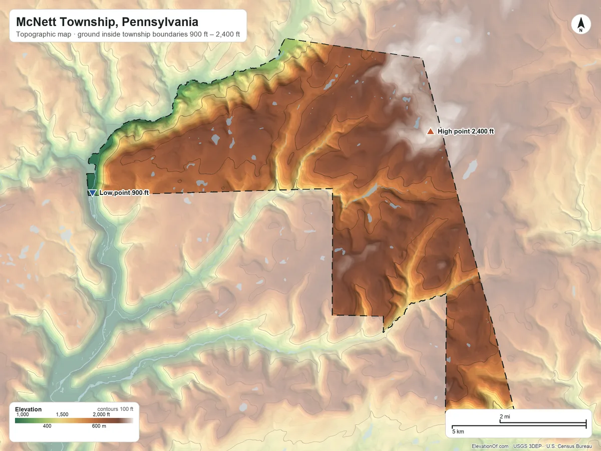 Topographic elevation map of McNett Township, Pennsylvania, shaded from 900 ft on the southwest side to 2,400 ft on the east side