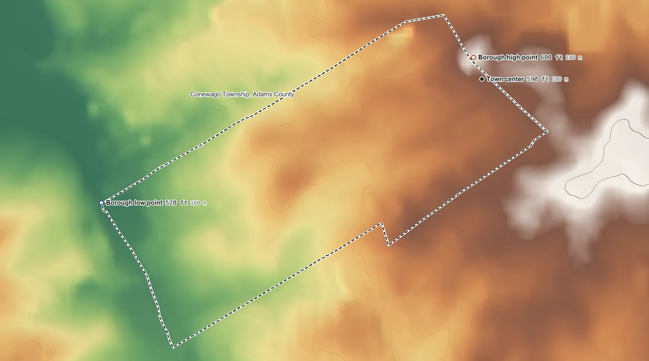 Topographic elevation map of McSherrystown, Pennsylvania, shaded from 520 ft on the west side to 600 ft near the middle