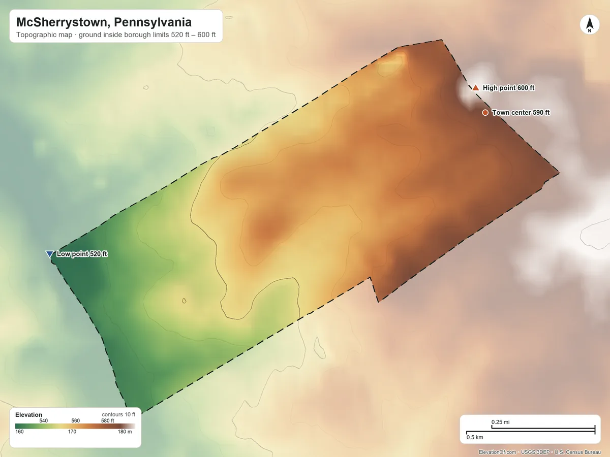 Topographic elevation map of McSherrystown, Pennsylvania, shaded from 520 ft on the west side to 600 ft near the middle