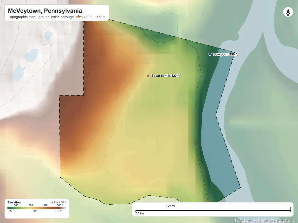 Topographic elevation map of McVeytown, Pennsylvania, shaded from 490 ft on the east side to 570 ft at the foot of the Jacks Mountain
