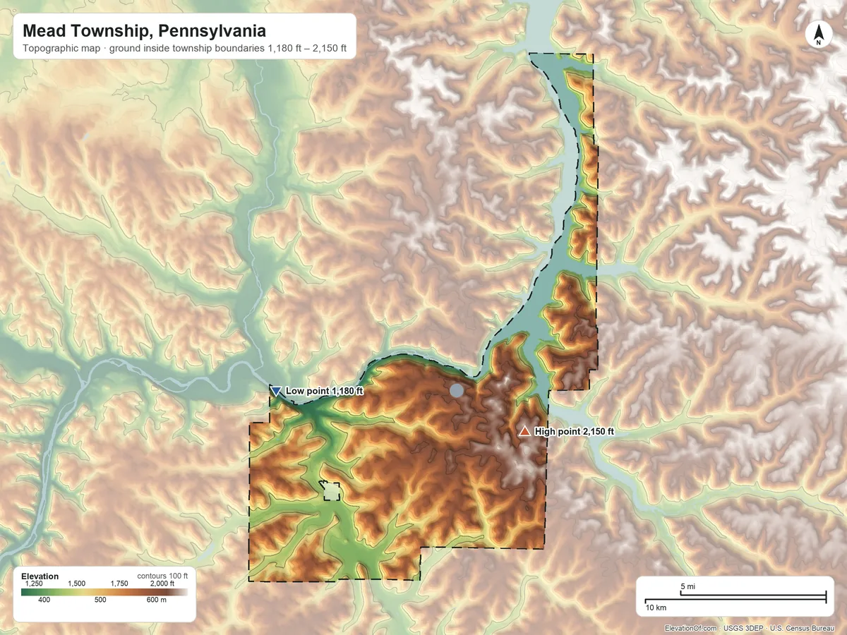 Topographic elevation map of Mead Township, Pennsylvania, shaded from 1,180 ft on the northwest side to 2,150 ft on the east side