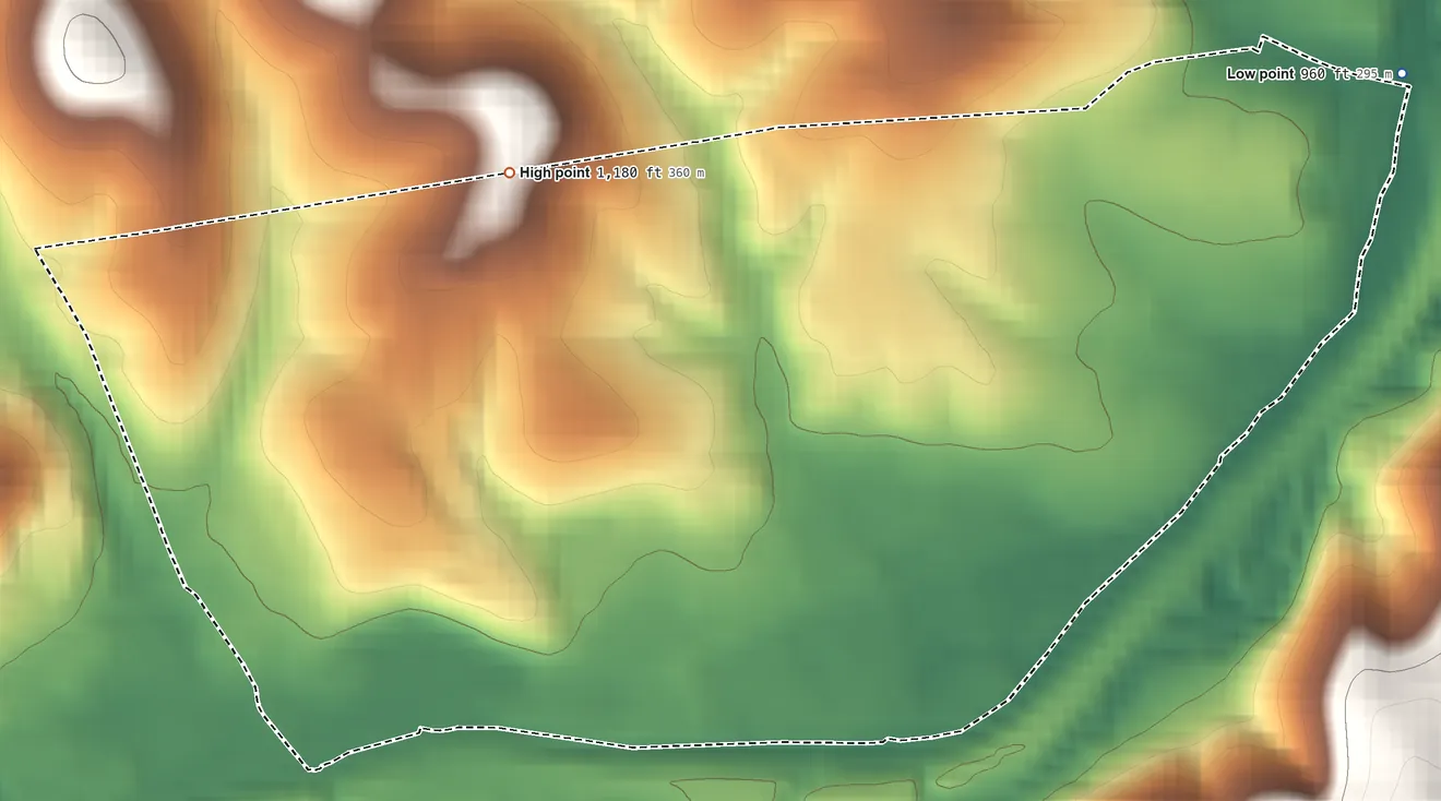 Topographic elevation map of Meadowlands, Pennsylvania, shaded from 960 ft on the northeast side to 1,180 ft on the west side