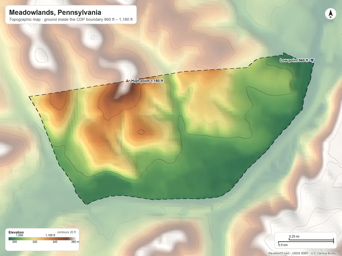 Topographic elevation map of Meadowlands, Pennsylvania, shaded from 960 ft on the northeast side to 1,180 ft on the west side