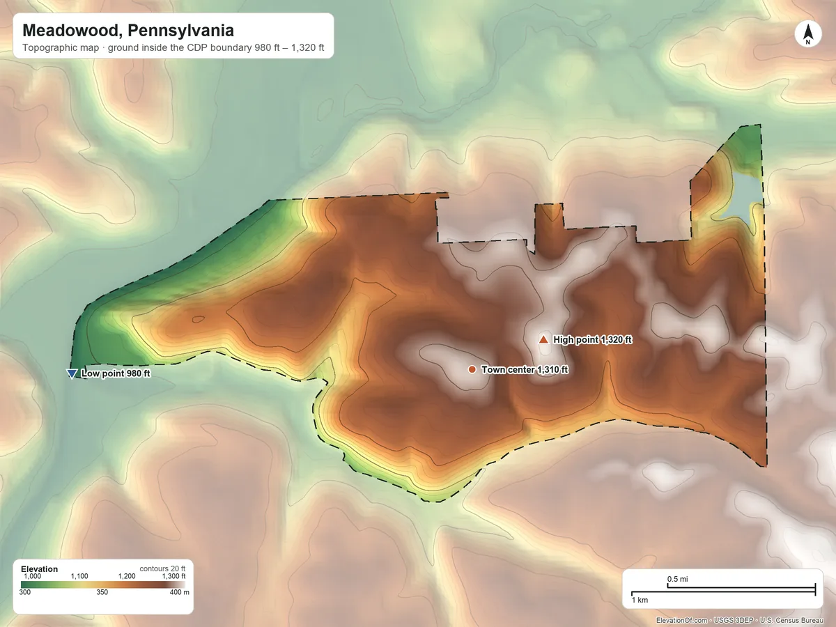 Topographic elevation map of Meadowood, Pennsylvania, shaded from 980 ft on the west side to 1,320 ft near the middle