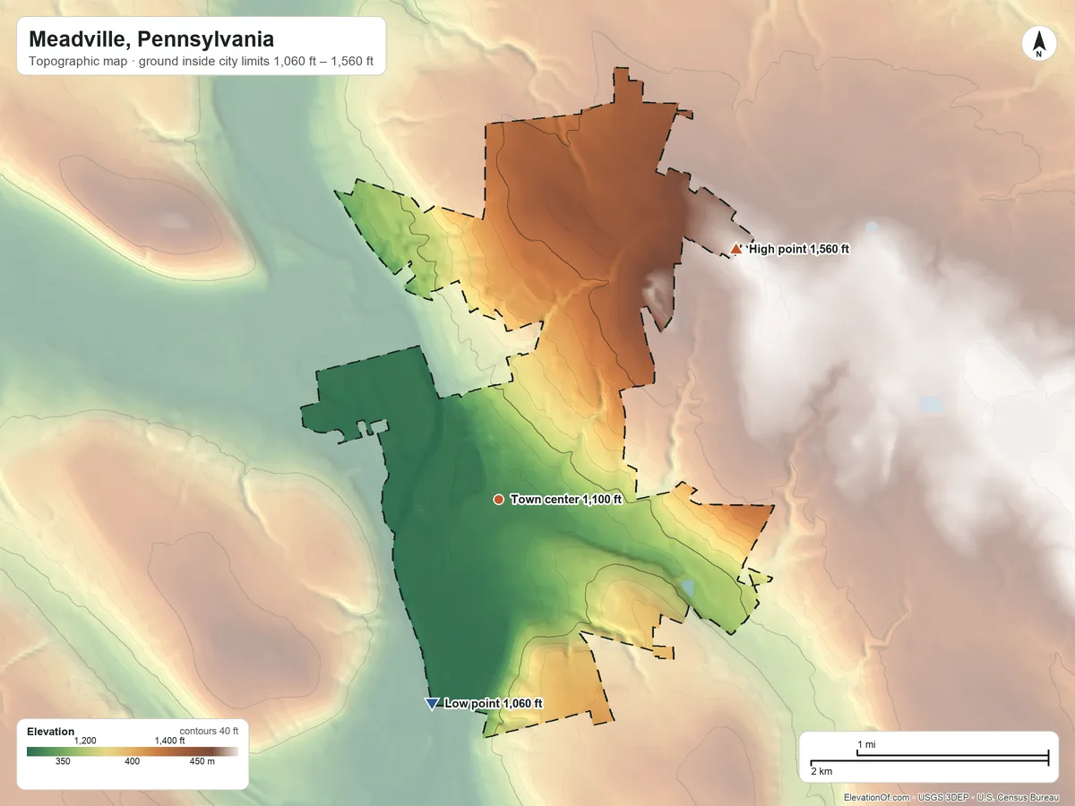 Topographic elevation map of Meadville, Pennsylvania, shaded from 1,060 ft on the south side to 1,560 ft on the northeast side