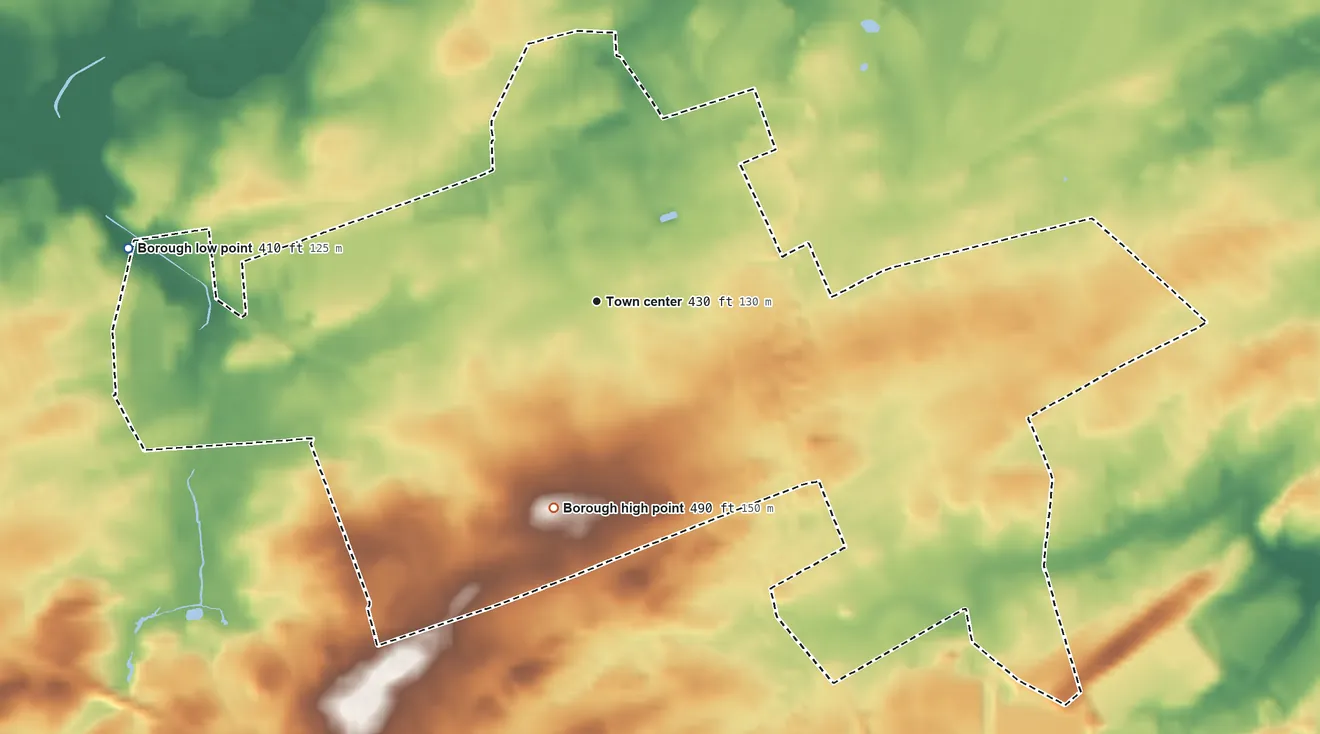 Topographic elevation map of Mechanicsburg, Pennsylvania, shaded from 410 ft on the west side to 490 ft on the south side