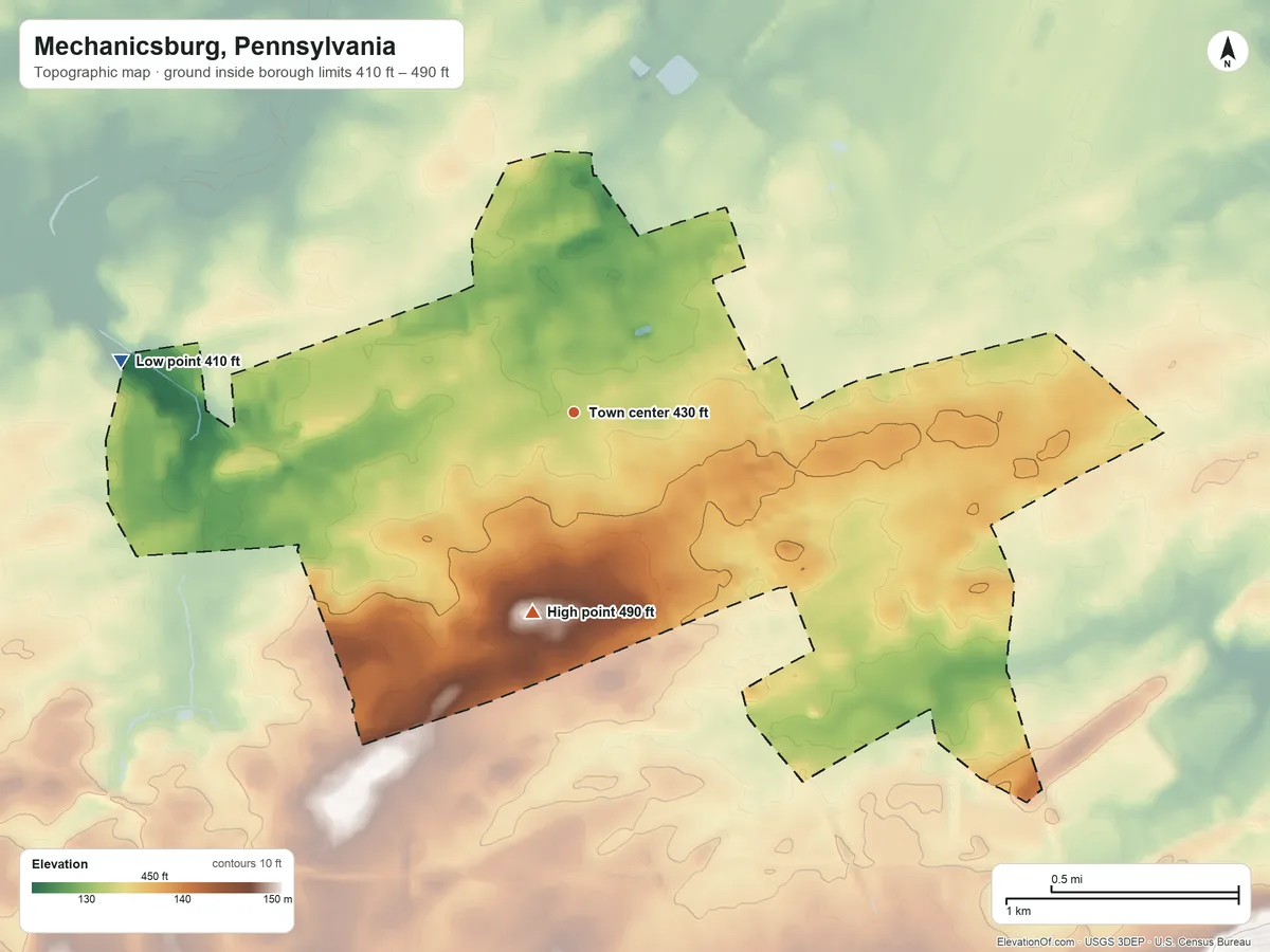 Topographic elevation map of Mechanicsburg, Pennsylvania, shaded from 410 ft on the west side to 490 ft on the south side