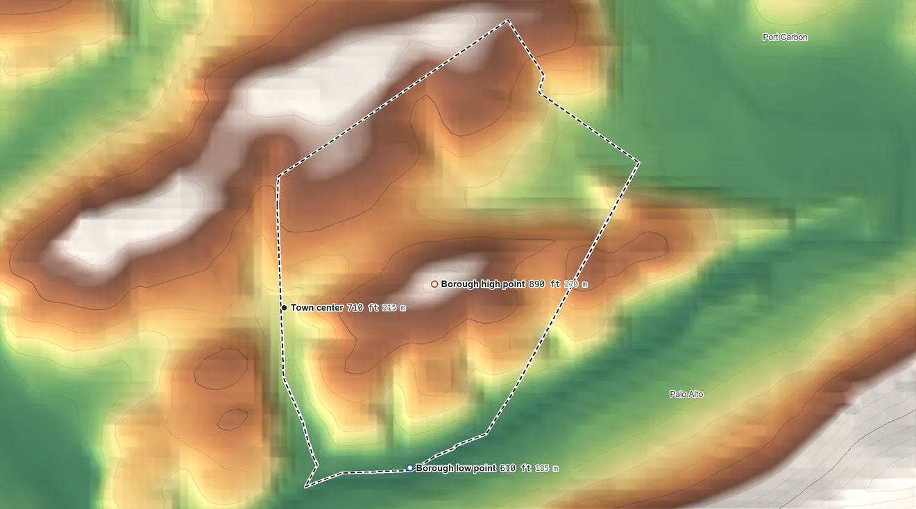 Topographic elevation map of Mechanicsville, Pennsylvania, shaded from 610 ft on the southeast side to 890 ft at the foot of the Broad Mountain