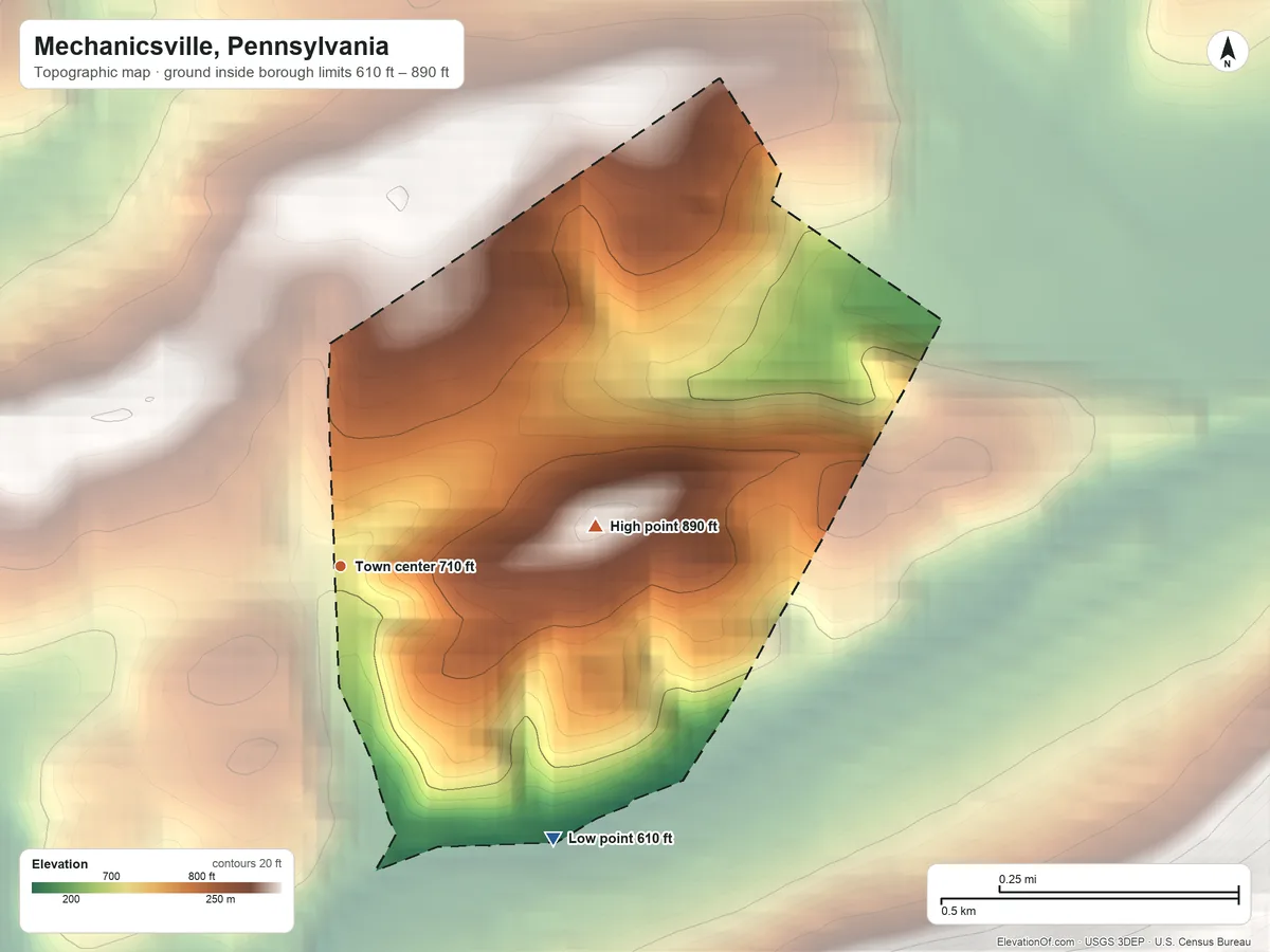 Topographic elevation map of Mechanicsville, Pennsylvania, shaded from 610 ft on the southeast side to 890 ft at the foot of the Broad Mountain