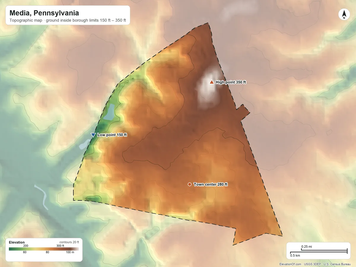 Topographic elevation map of Media, Pennsylvania, shaded from 150 ft on the northwest side to 350 ft on the north side