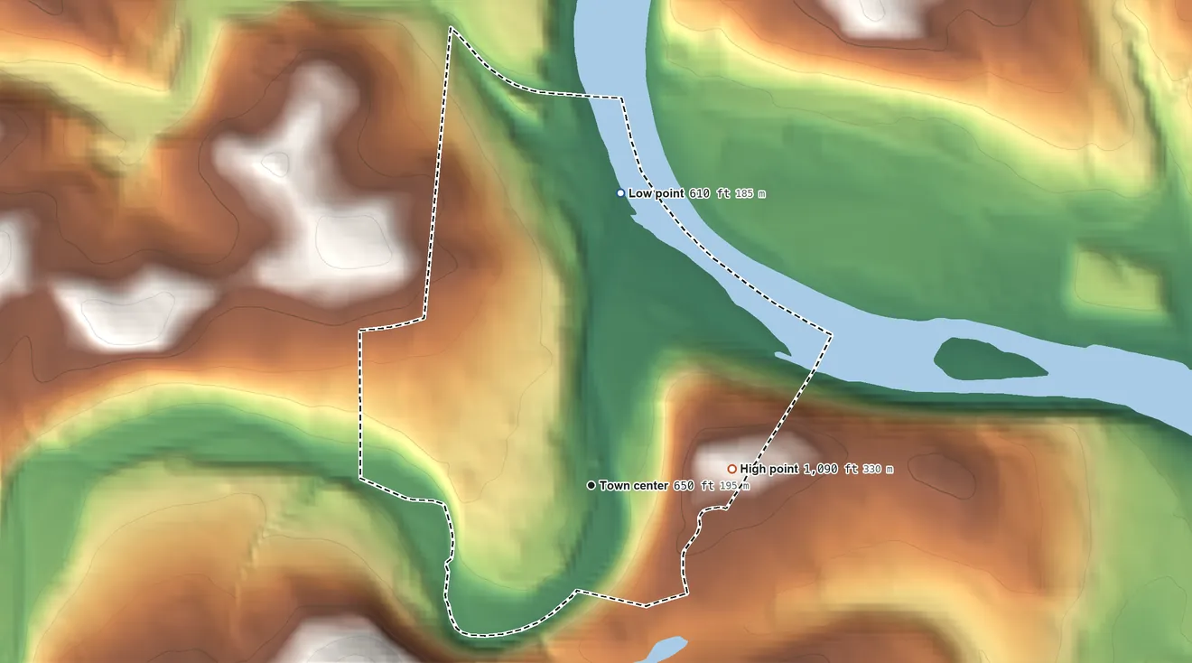 Topographic elevation map of Mehoopany, Pennsylvania, shaded from 610 ft on the north side to 1,090 ft at the foot of the Endless Mountains