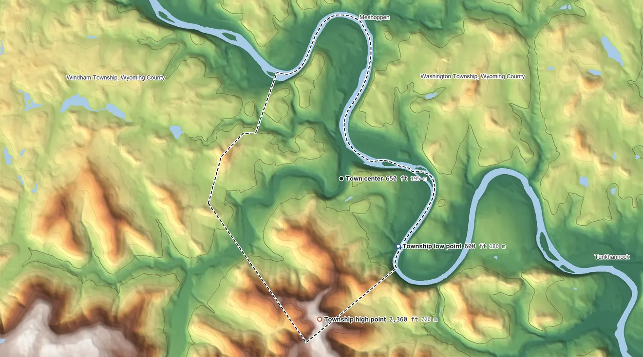 Topographic elevation map of Mehoopany Township, Pennsylvania, shaded from 600 ft on the southeast side to 2,360 ft on the south side