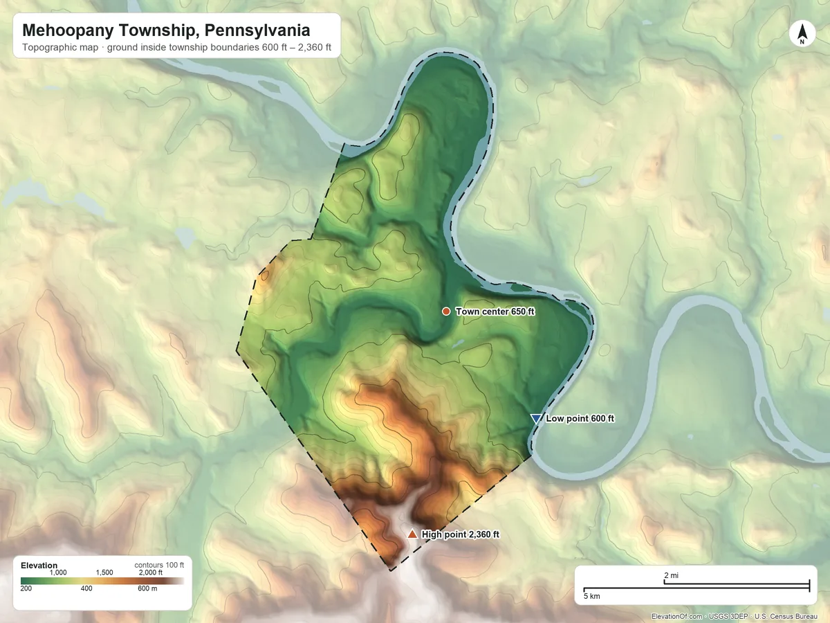 Topographic elevation map of Mehoopany Township, Pennsylvania, shaded from 600 ft on the southeast side to 2,360 ft on the south side