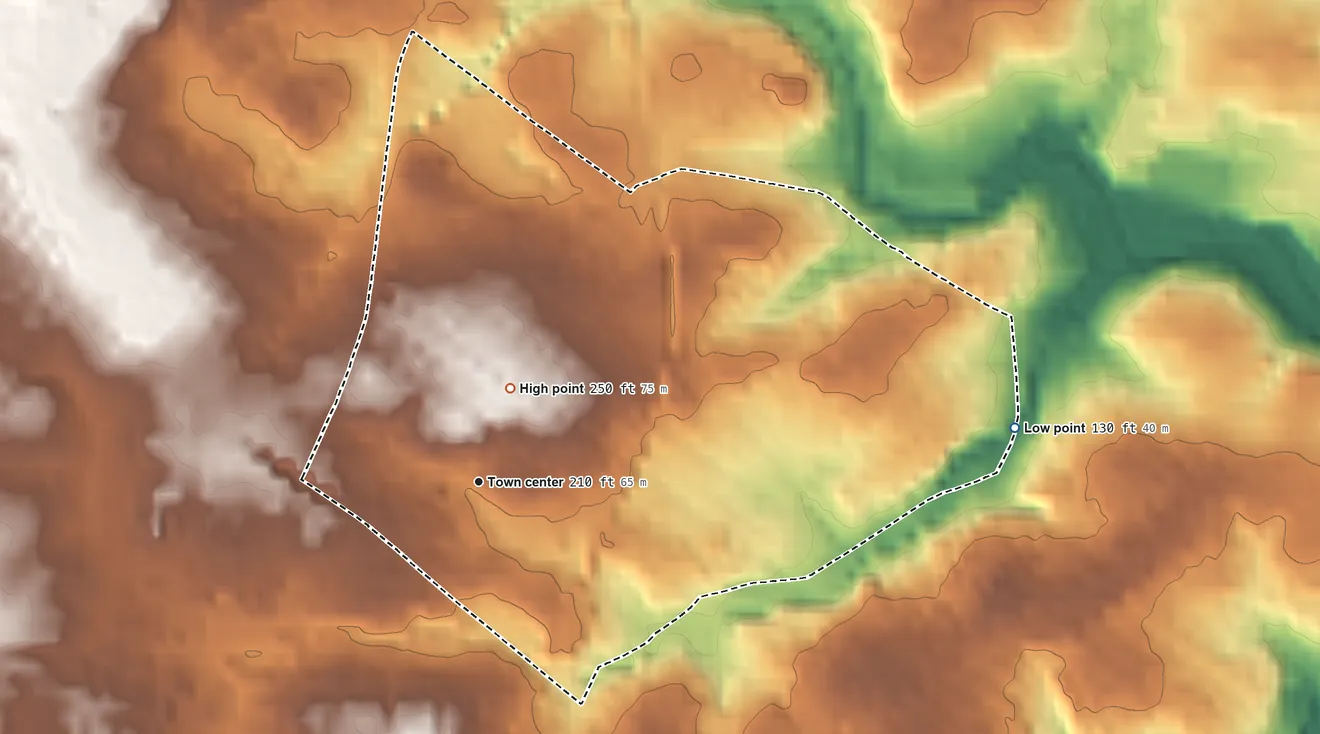Topographic elevation map of Melrose Park, Pennsylvania, shaded from 130 ft on the east side to 250 ft on the north side