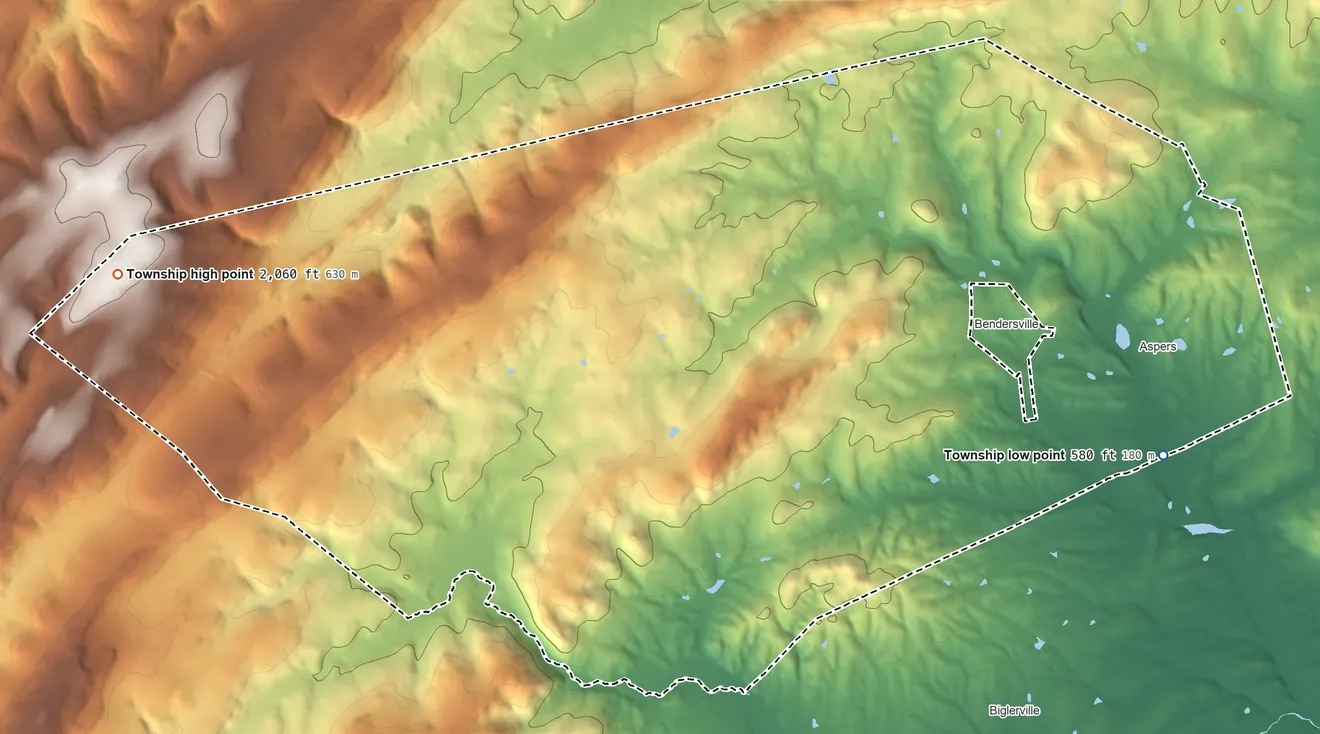 Topographic elevation map of Menallen Township, Adams County, Pennsylvania, shaded from 580 ft on the east side to 2,060 ft on the west side