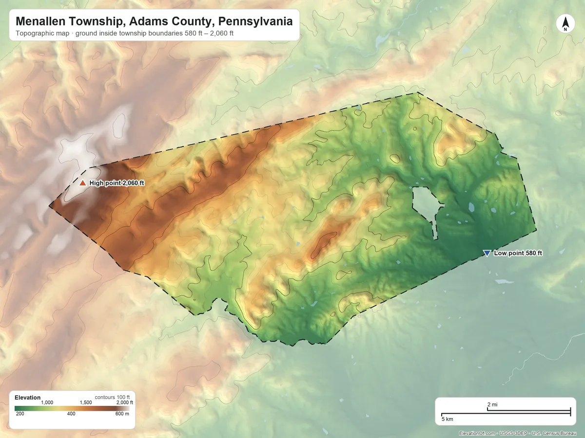 Topographic elevation map of Menallen Township, Adams County, Pennsylvania, shaded from 580 ft on the east side to 2,060 ft on the west side