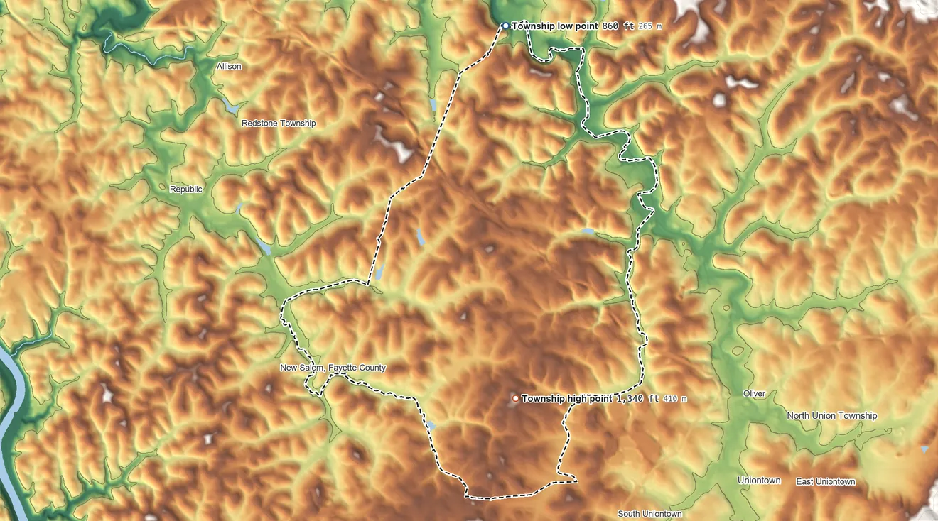 Topographic elevation map of Menallen Township, Pennsylvania, shaded from 860 ft on the north side to 1,340 ft on the southeast side