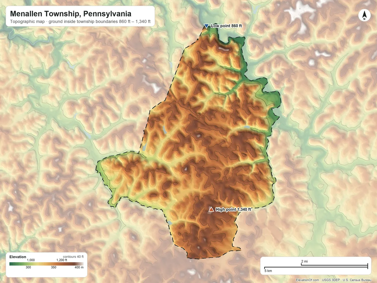 Topographic elevation map of Menallen Township, Pennsylvania, shaded from 860 ft on the north side to 1,340 ft on the southeast side