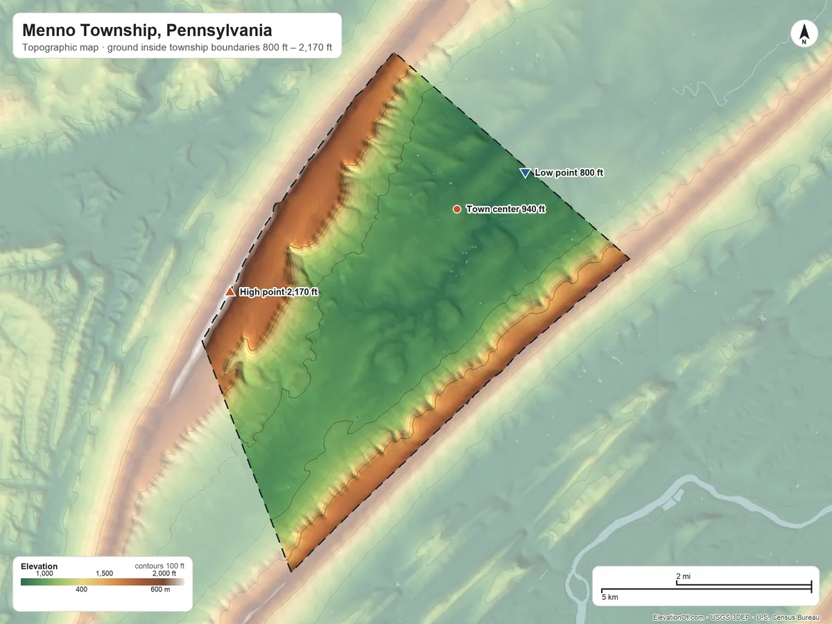 Topographic elevation map of Menno Township, Pennsylvania, shaded from 800 ft on the northeast side to 2,170 ft on the west side