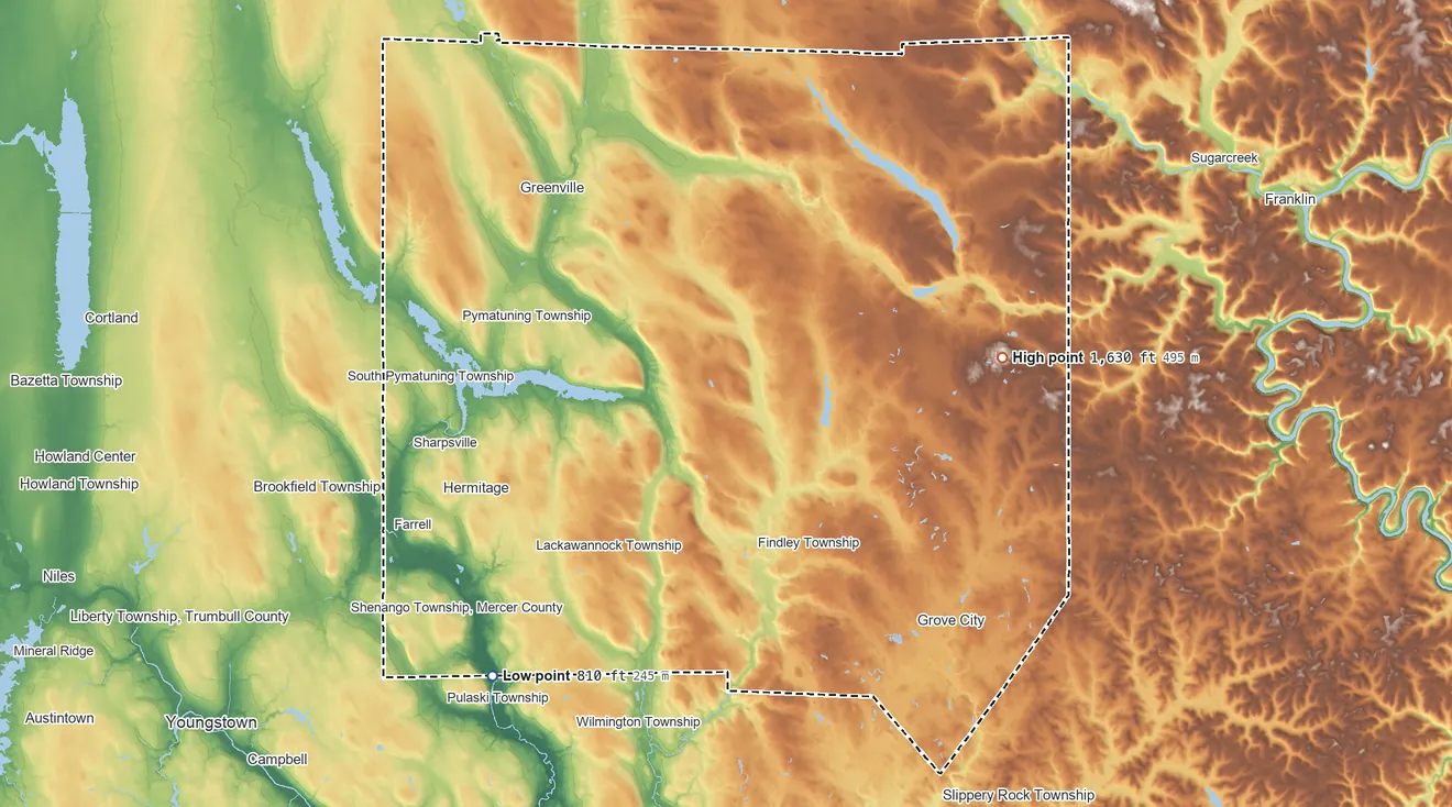 Topographic elevation map of Mercer County, Pennsylvania, shaded from 810 ft on the southwest side to 1,630 ft on the east side