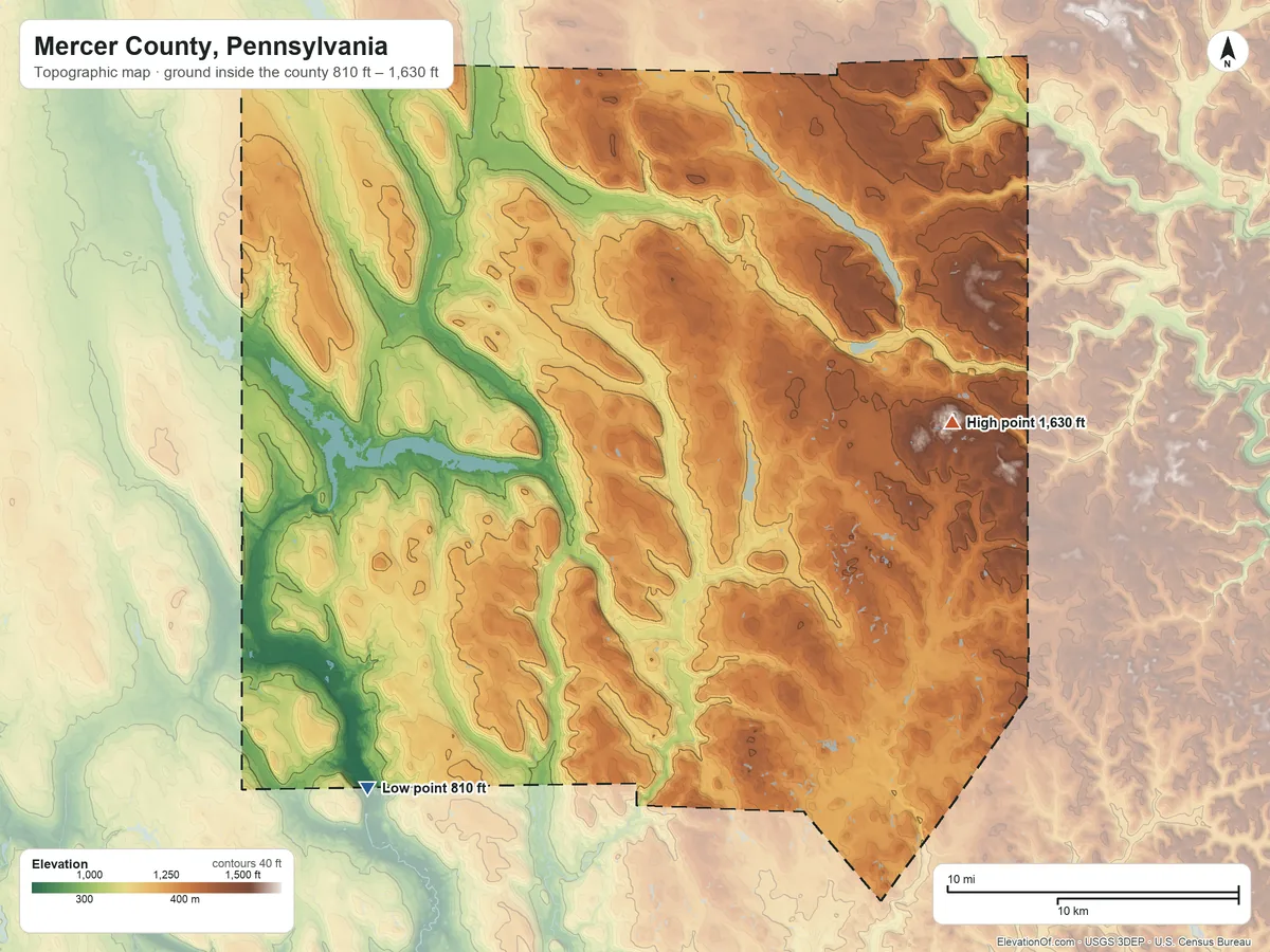 Topographic elevation map of Mercer County, Pennsylvania, shaded from 810 ft on the southwest side to 1,630 ft on the east side