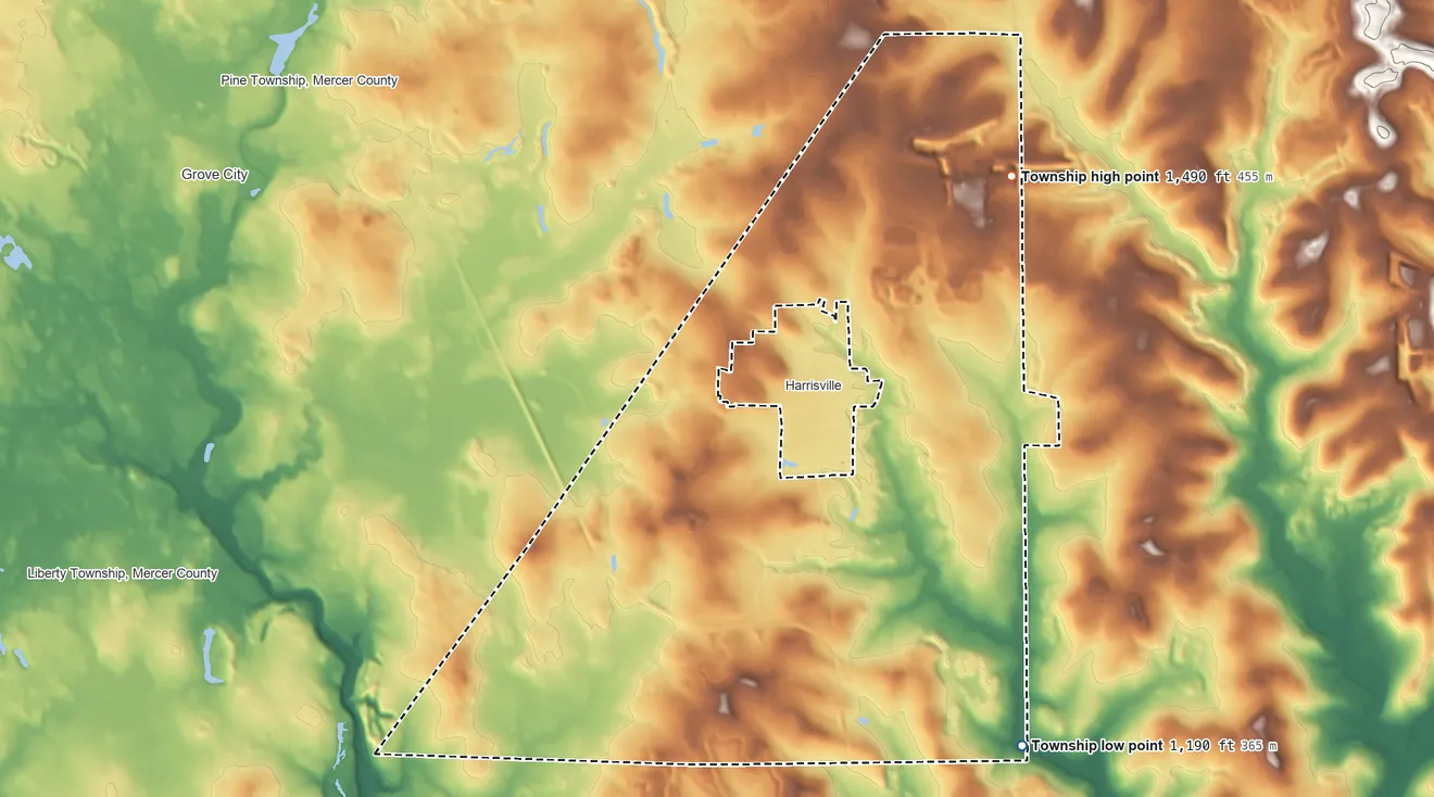 Topographic elevation map of Mercer Township, Pennsylvania, shaded from 1,190 ft on the southeast side to 1,490 ft on the northeast side