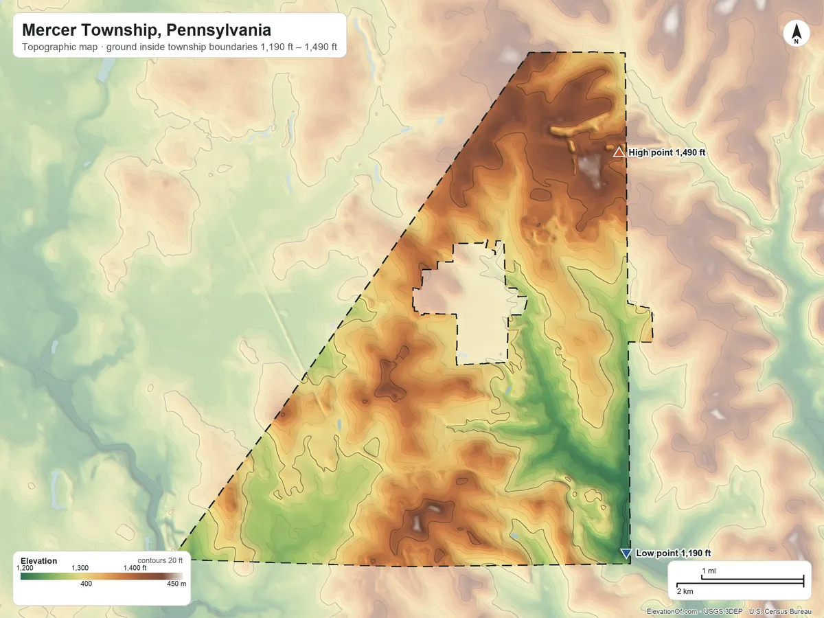 Topographic elevation map of Mercer Township, Pennsylvania, shaded from 1,190 ft on the southeast side to 1,490 ft on the northeast side