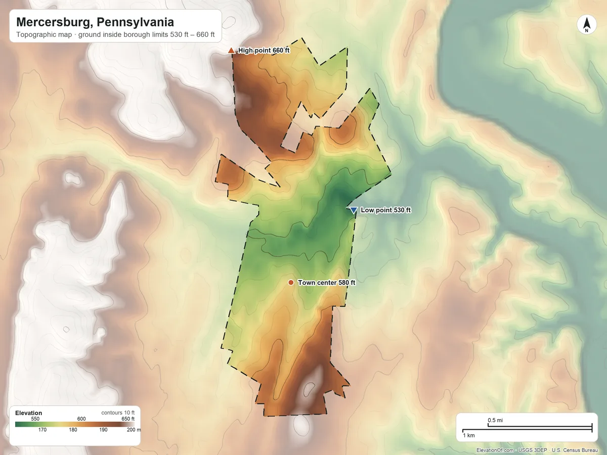 Topographic elevation map of Mercersburg, Pennsylvania, shaded from 530 ft on the northeast side to 660 ft on the north side