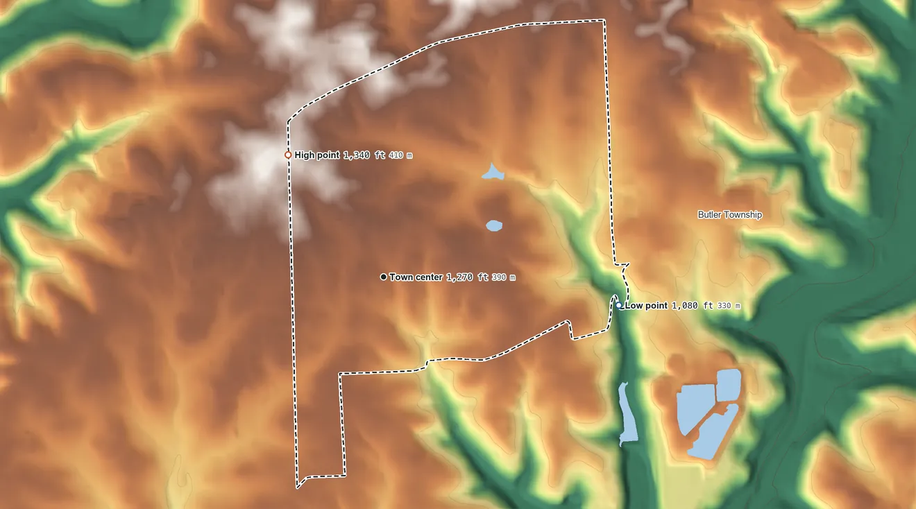 Topographic elevation map of Meridian, Pennsylvania, shaded from 1,080 ft on the east side to 1,340 ft on the northwest side