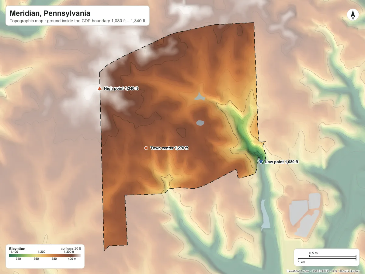 Topographic elevation map of Meridian, Pennsylvania, shaded from 1,080 ft on the east side to 1,340 ft on the northwest side