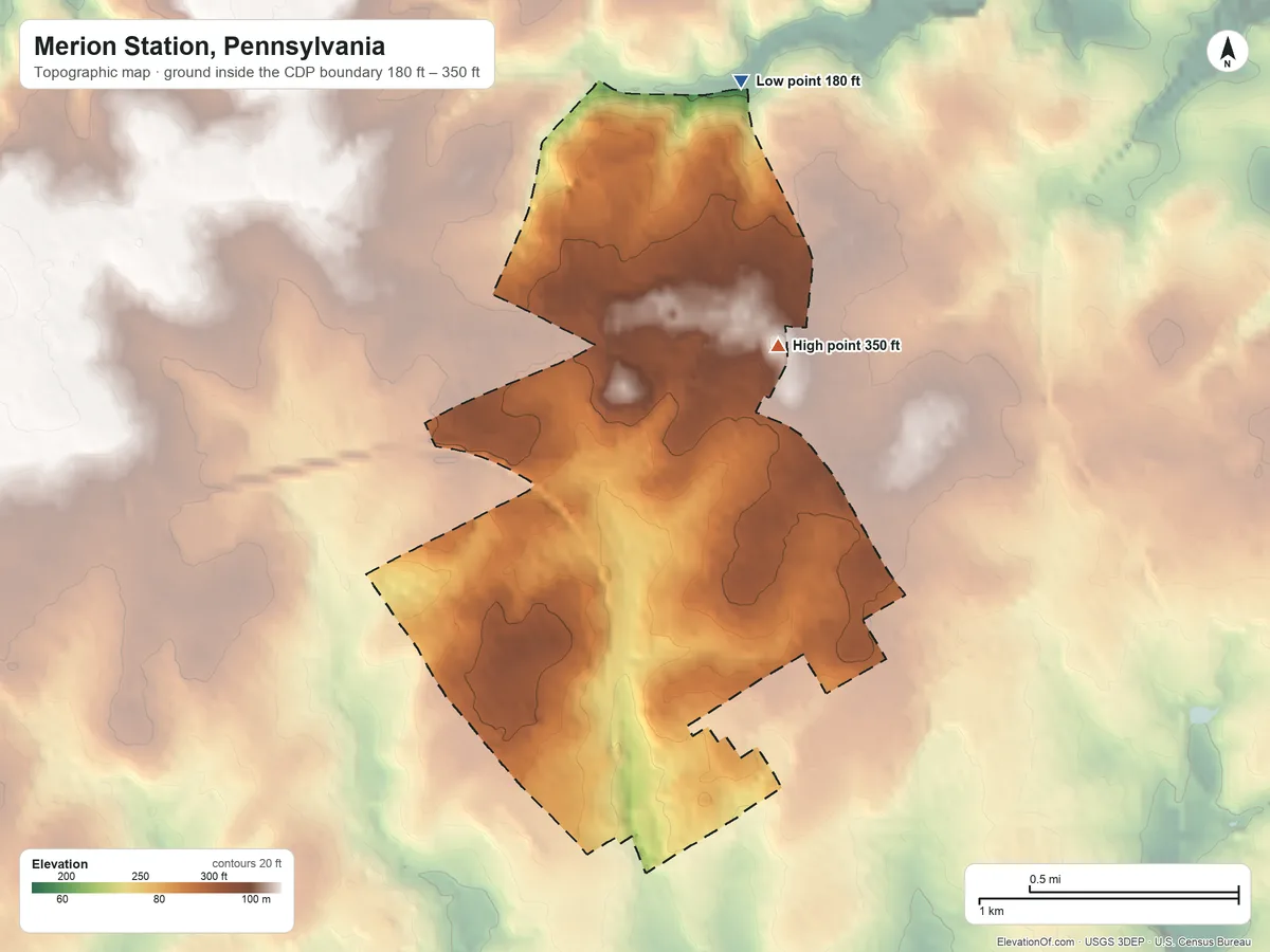 Topographic elevation map of Merion Station, Pennsylvania, shaded from 180 ft on the north side to 350 ft on the northeast side