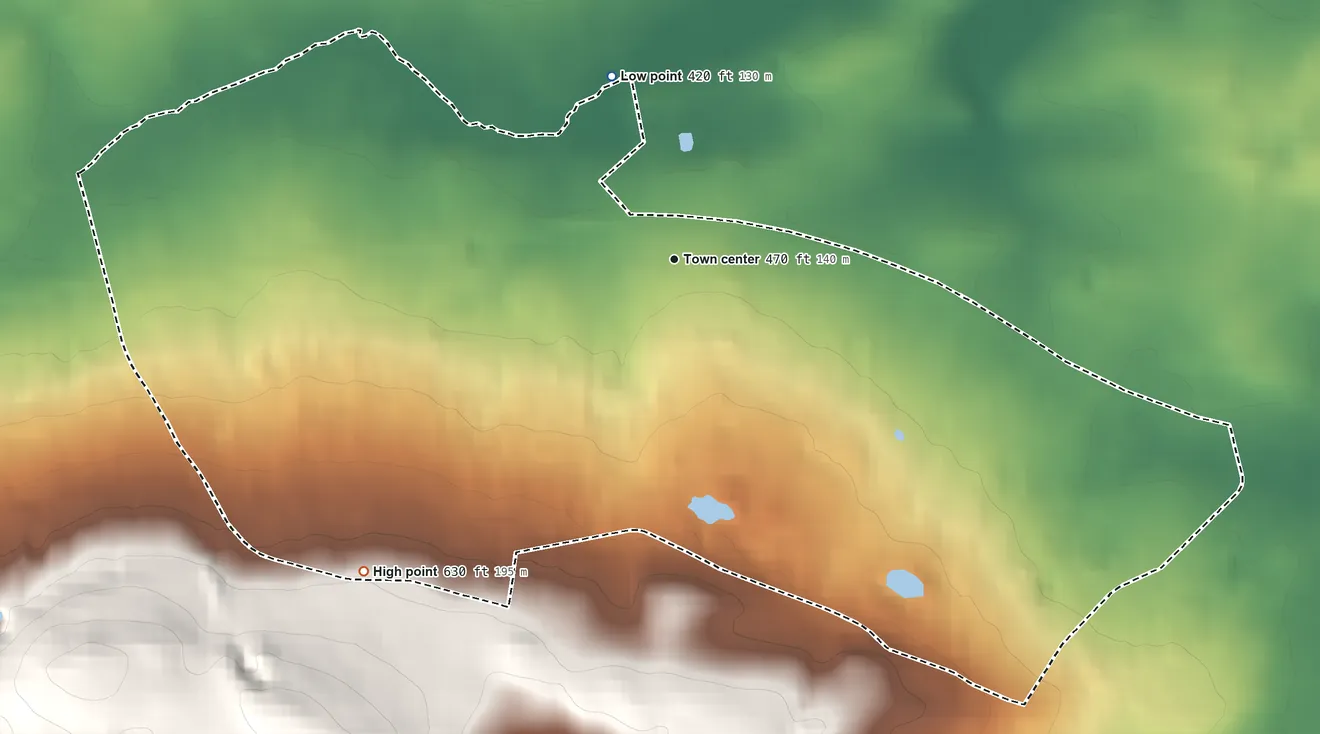 Topographic elevation map of Mertztown, Pennsylvania, shaded from 420 ft on the north side to 630 ft on the southwest edge, below higher ground just outside
