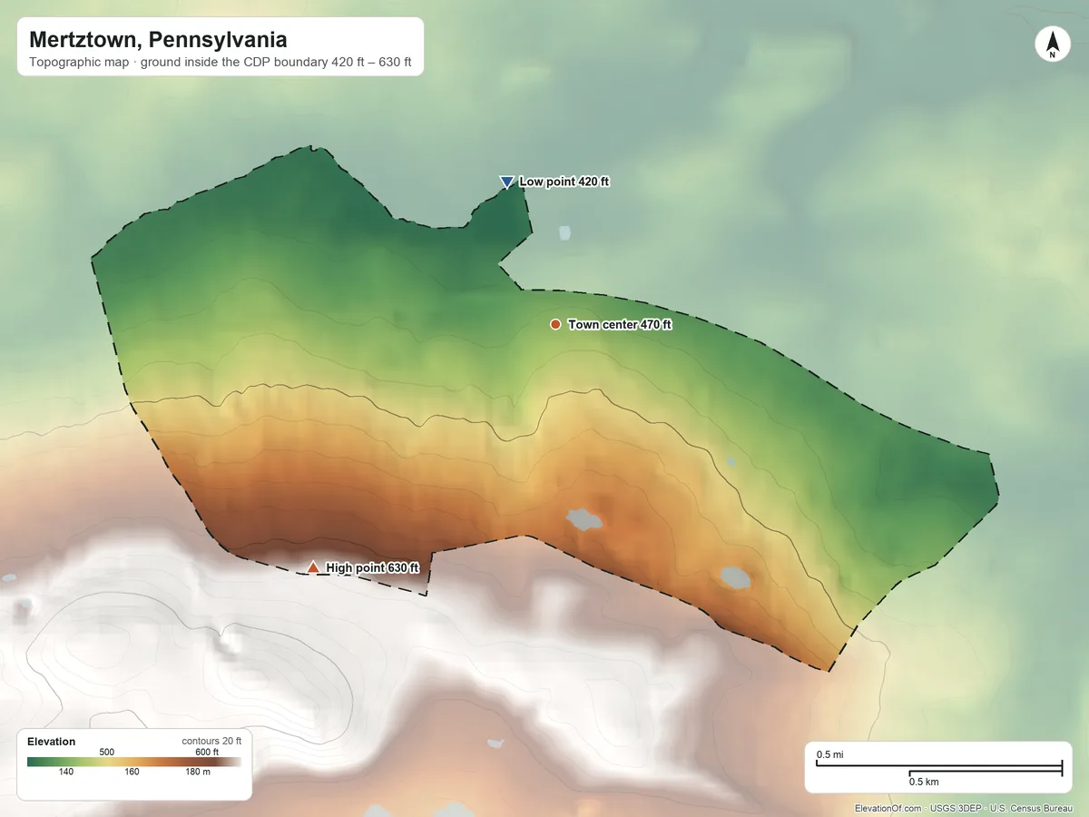 Topographic elevation map of Mertztown, Pennsylvania, shaded from 420 ft on the north side to 630 ft on the southwest edge, below higher ground just outside