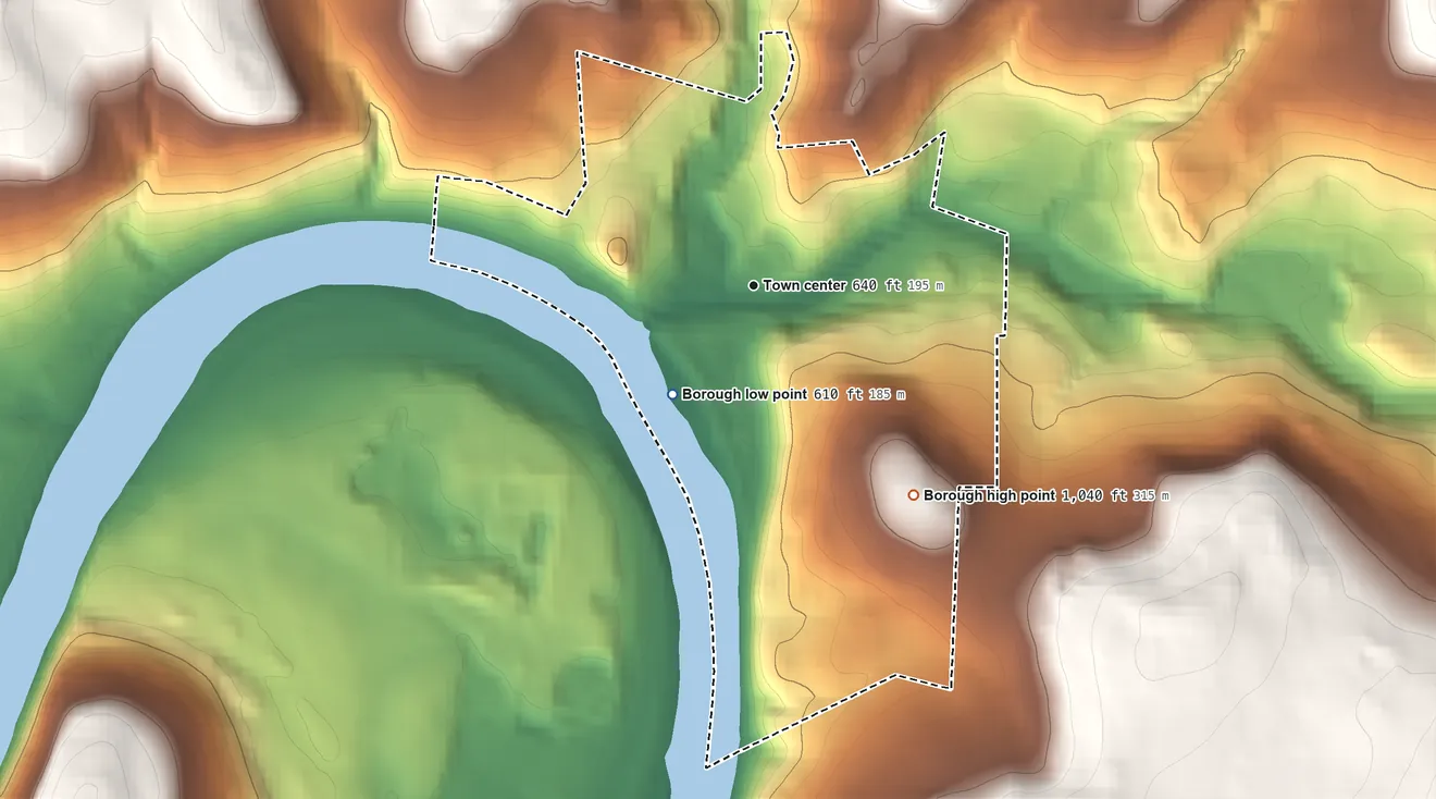 Topographic elevation map of Meshoppen, Pennsylvania, shaded from 610 ft on the southwest side to 1,040 ft on the southeast side