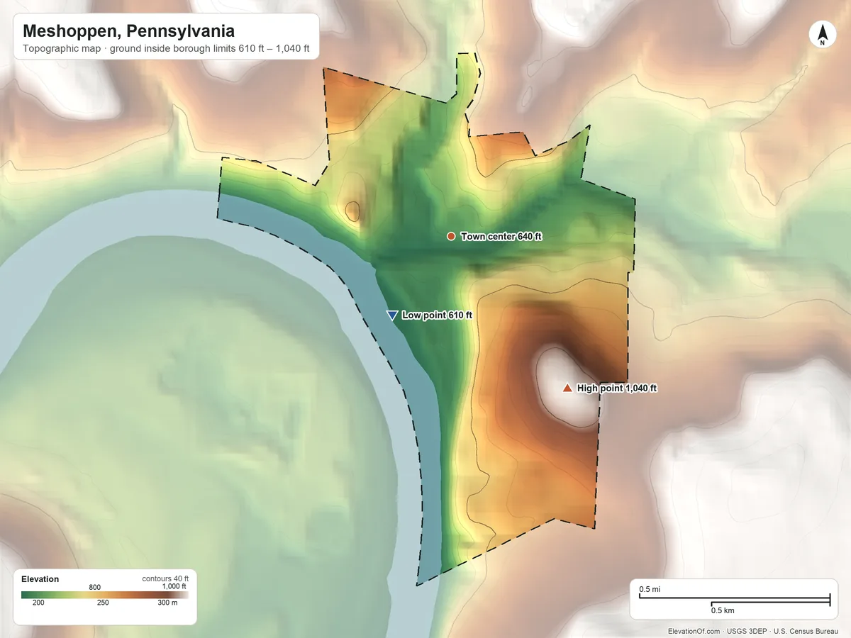 Topographic elevation map of Meshoppen, Pennsylvania, shaded from 610 ft on the southwest side to 1,040 ft on the southeast side