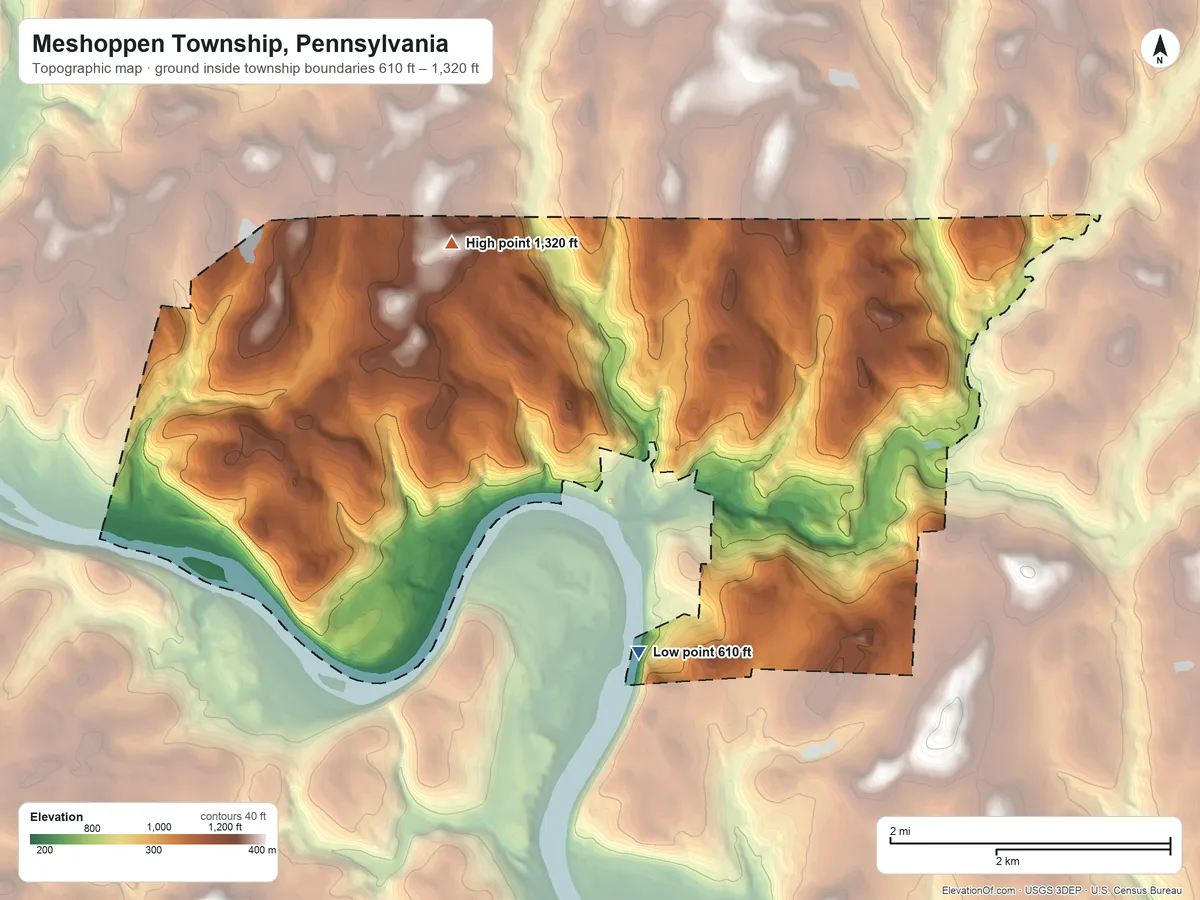 Topographic elevation map of Meshoppen Township, Pennsylvania, shaded from 610 ft on the south side to 1,320 ft on the northwest side