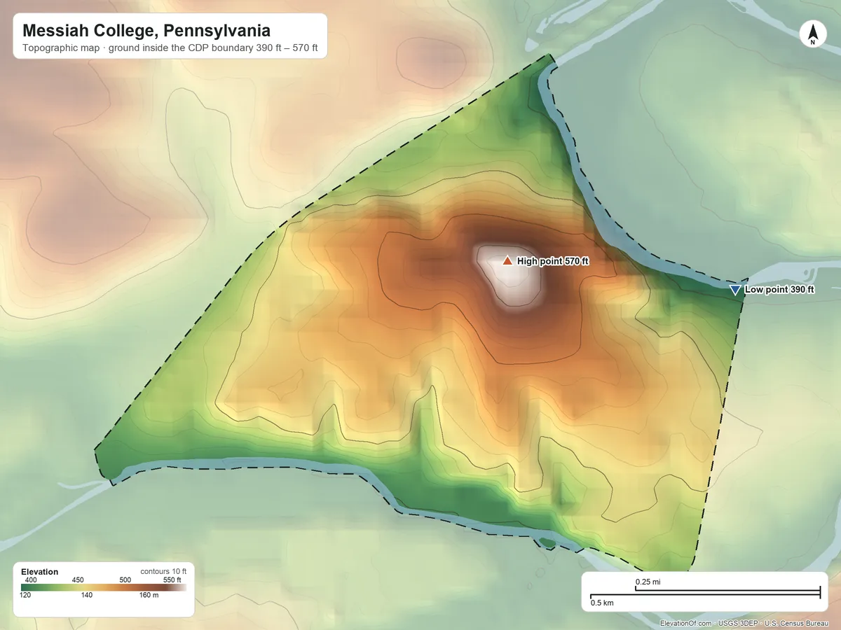 Topographic elevation map of Messiah College, Pennsylvania, shaded from 390 ft on the east side to 570 ft on the east side