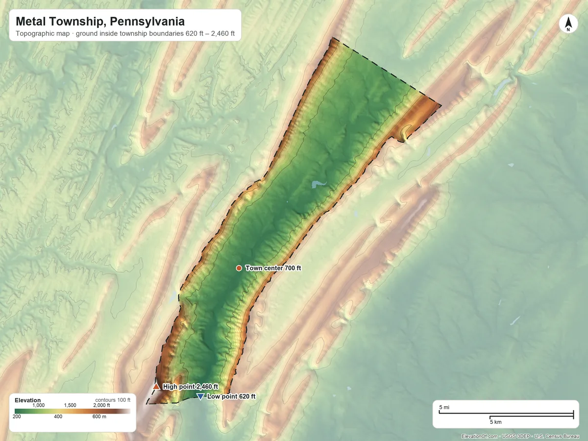 Topographic elevation map of Metal Township, Pennsylvania, shaded from 620 ft on the south side to 2,460 ft on Big Mountain
