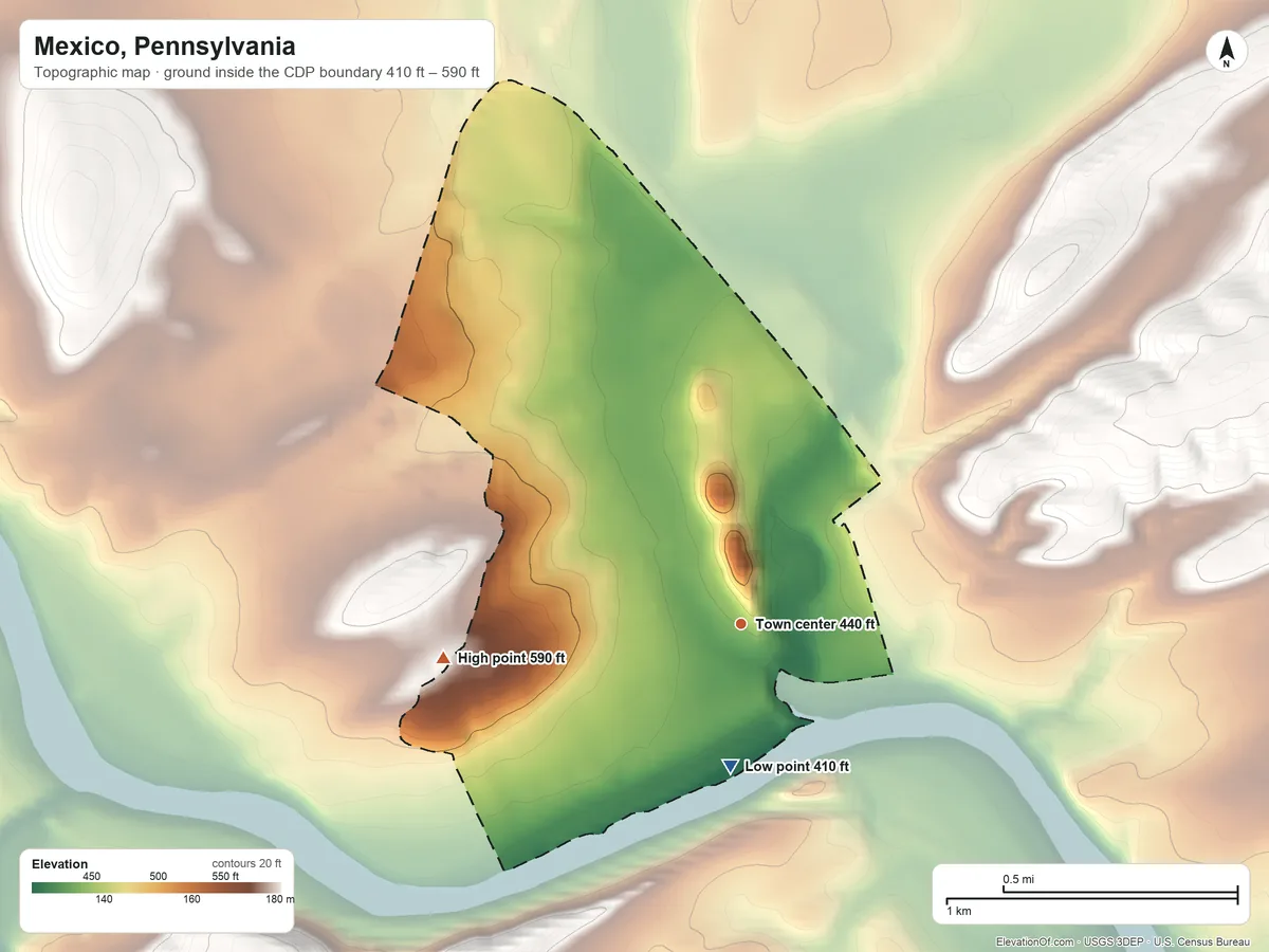 Topographic elevation map of Mexico, Pennsylvania, shaded from 410 ft on the south side to 590 ft on the west side
