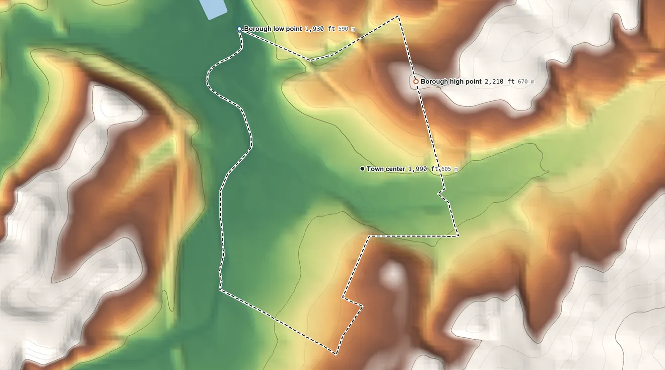 Topographic elevation map of Meyersdale, Pennsylvania, shaded from 1,930 ft on the northwest side to 2,210 ft at the foot of the Negro Mountain