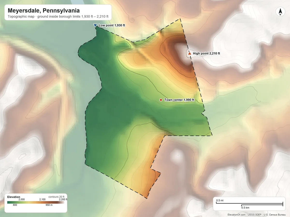 Topographic elevation map of Meyersdale, Pennsylvania, shaded from 1,930 ft on the northwest side to 2,210 ft at the foot of the Negro Mountain