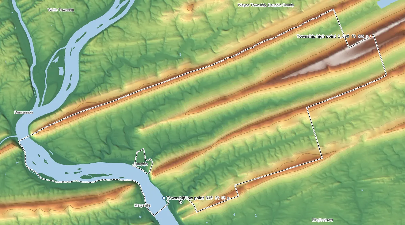 Topographic elevation map of Middle Paxton Township, Pennsylvania, shaded from 310 ft on the south side to 1,690 ft on Stony Mountain