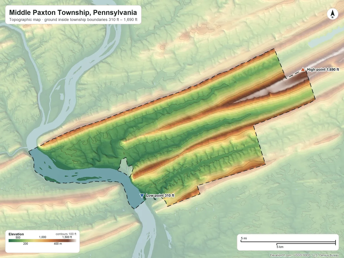 Topographic elevation map of Middle Paxton Township, Pennsylvania, shaded from 310 ft on the south side to 1,690 ft on Stony Mountain