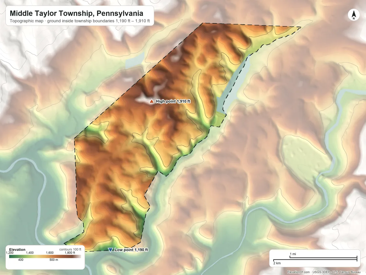 Topographic elevation map of Middle Taylor Township, Pennsylvania, shaded from 1,190 ft on the southwest side to 1,910 ft on the north side