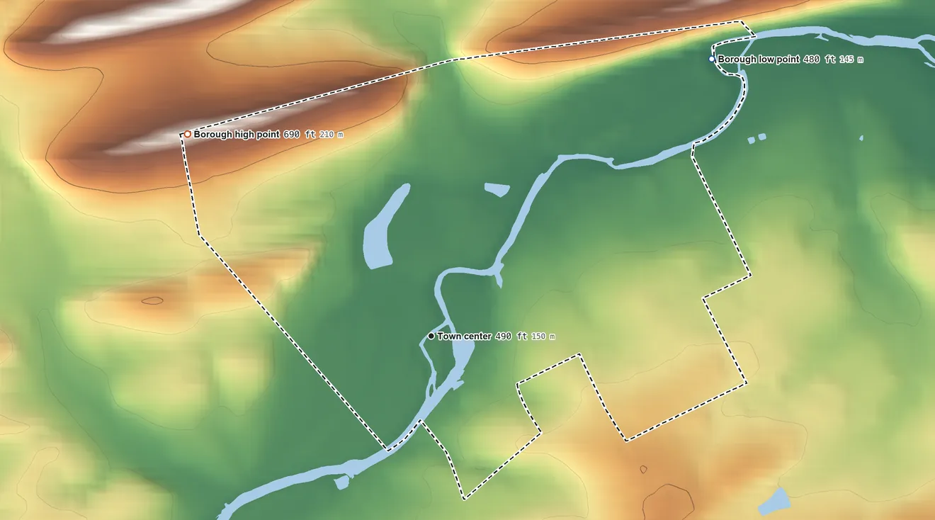 Topographic elevation map of Middleburg, Pennsylvania, shaded from 480 ft on the northeast side to 690 ft on the northwest side