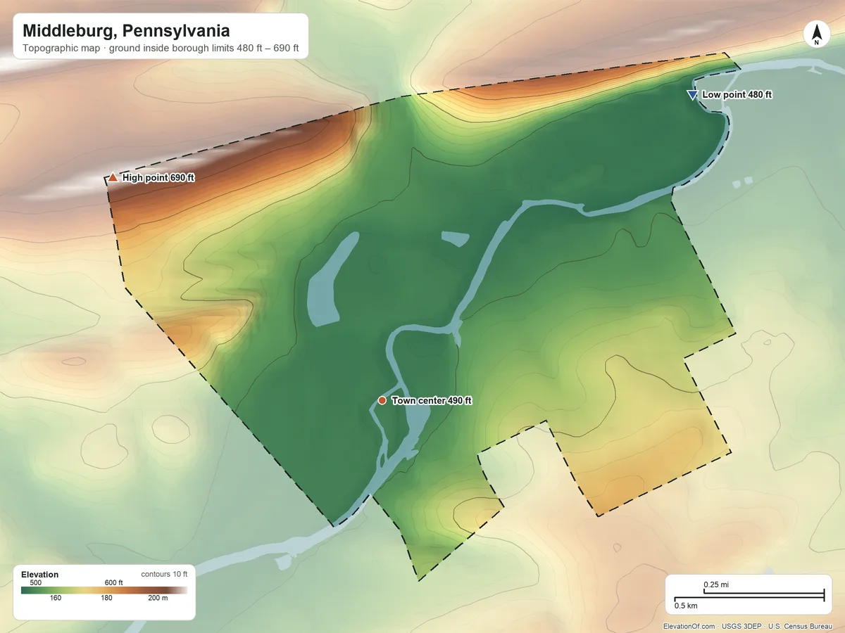 Topographic elevation map of Middleburg, Pennsylvania, shaded from 480 ft on the northeast side to 690 ft on the northwest side