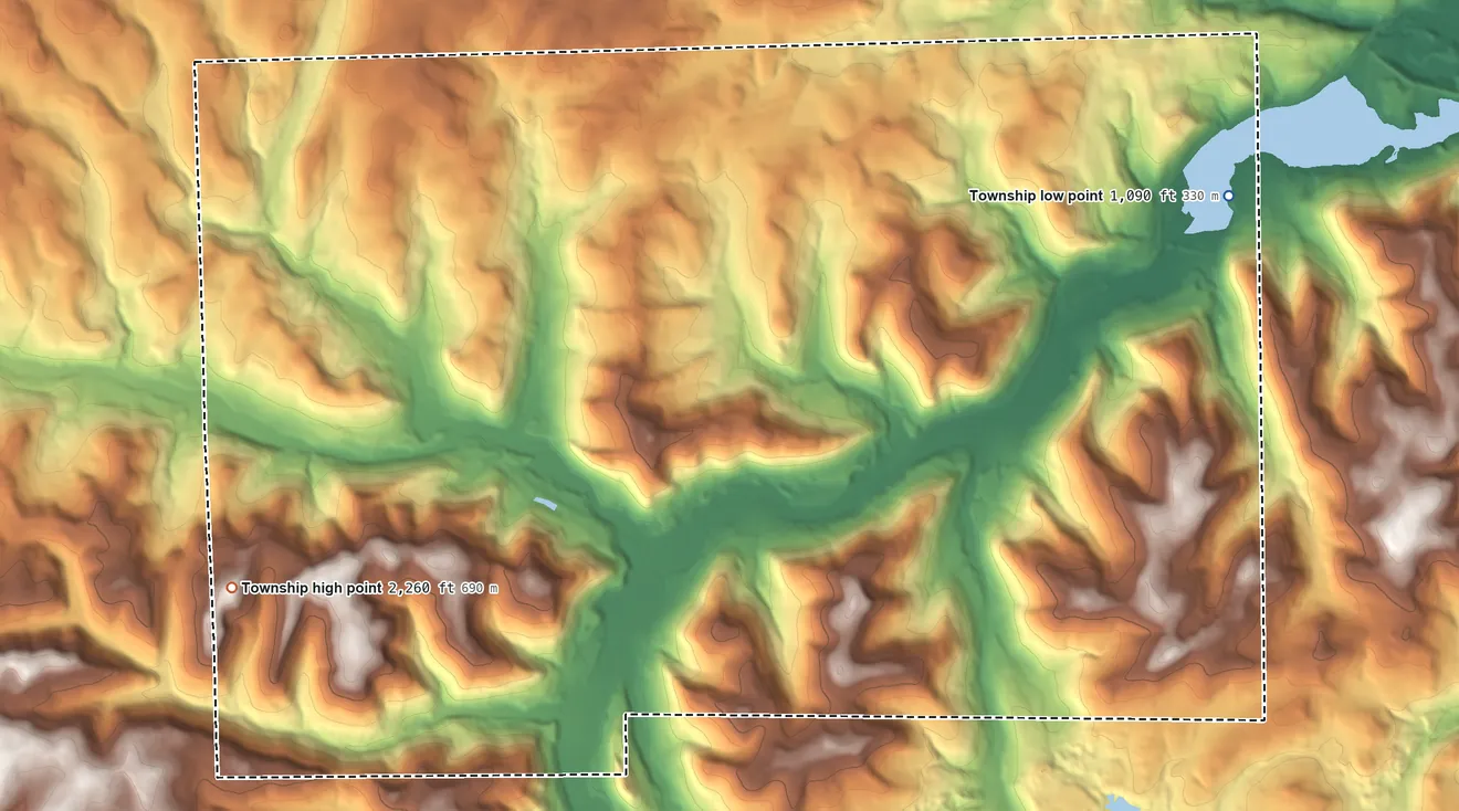 Topographic elevation map of Middlebury Township, Pennsylvania, shaded from 1,090 ft on the east side to 2,260 ft on the southwest side