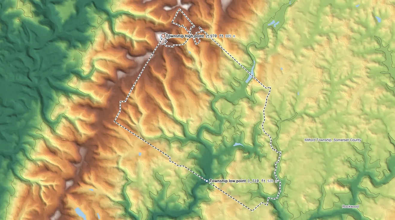 Topographic elevation map of Middlecreek Township, Somerset County, Pennsylvania, shaded from 1,710 ft on the southwest side to 2,970 ft on the northwest side